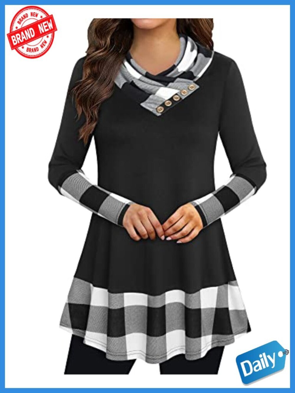 Women's Cowl Neck Long Sleeve Tunic Plaid Casual A-Line Blouse